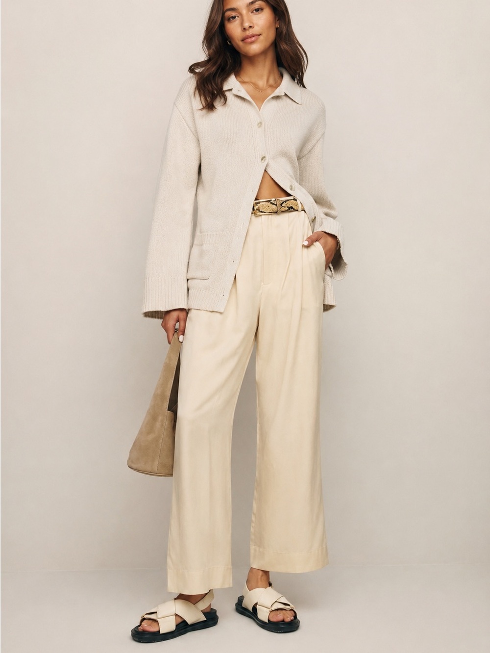 Reformation Mason Pants Cream Wide Leg TENCEL Lyocell Trouser Size 6 Cropped